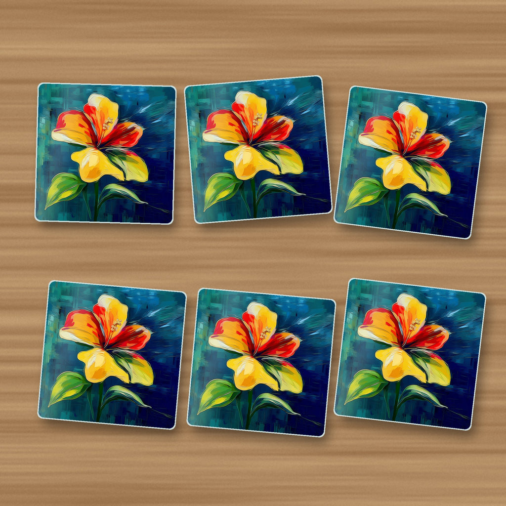 Painted Yellow & Red Flower square glass coasters, set of 6, on an oak coffee table