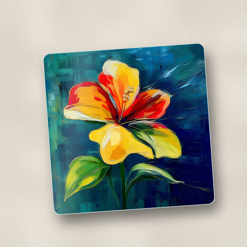 Close-up of one painted yellow & red flower square glass coaster, flat UV print