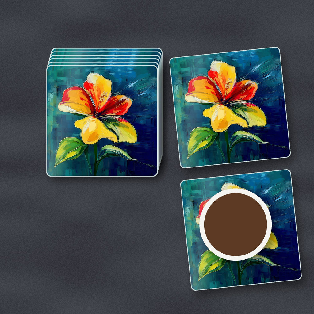 Painted Yellow & Red Flower square glass coasters stacked on a slate kitchen worktop