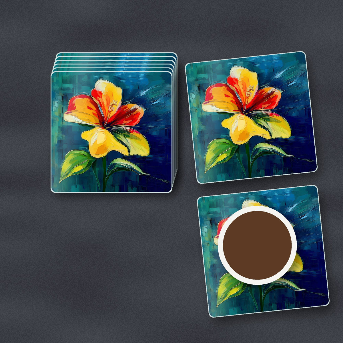 Painted Yellow & Red Flower square glass coasters stacked on a slate kitchen worktop