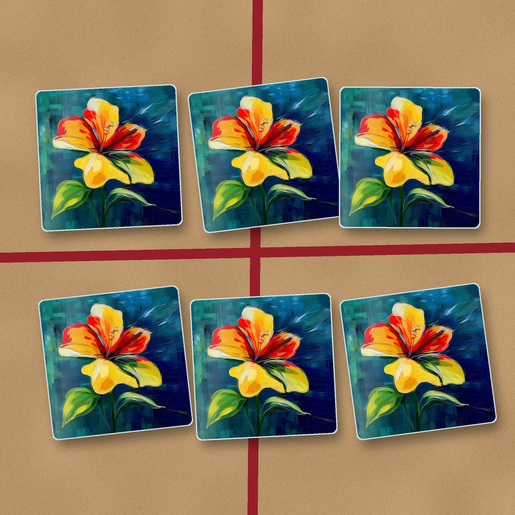 Painted Yellow & Red Flower square glass coasters on kraft gift wrap