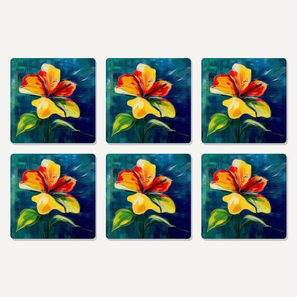 Flat lay of the painted yellow & red flower artwork on six square coasters