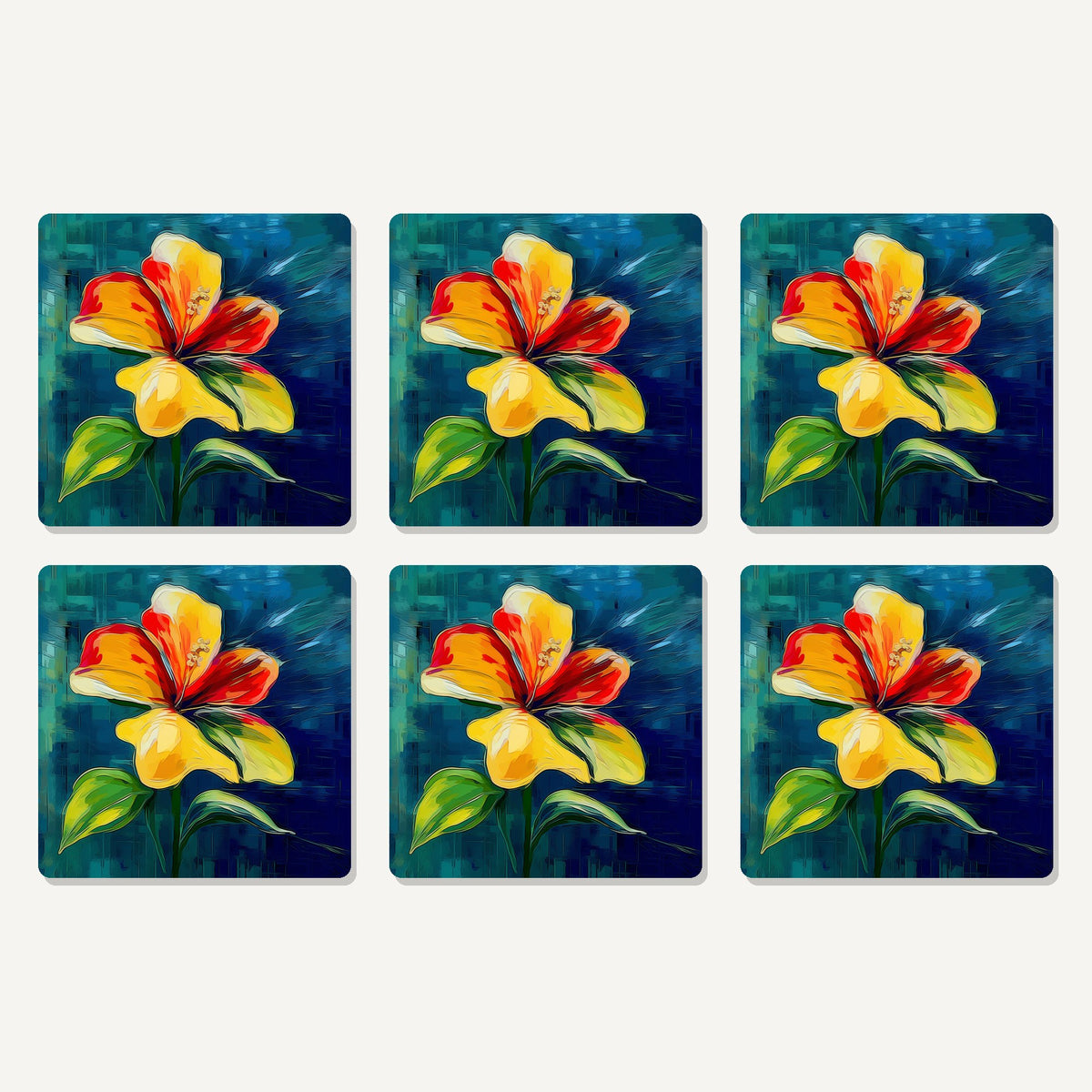Flat lay of the painted yellow & red flower artwork on six square coasters