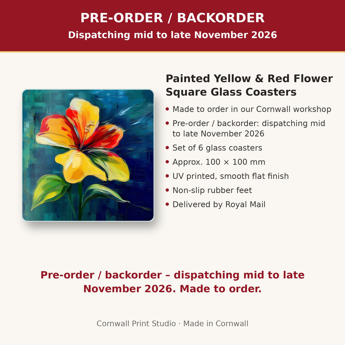 Info card: Painted Yellow & Red Flower Square Glass Coasters – Set of 6, made to order, dispatching mid to late November 2026, delivered by Royal Mail