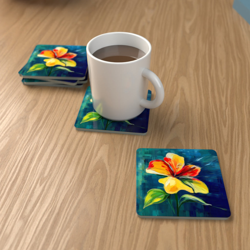 Painted Yellow & Red Flower Square Glass Coasters – Set of 6 – lifestyle mockup with a mug of coffee