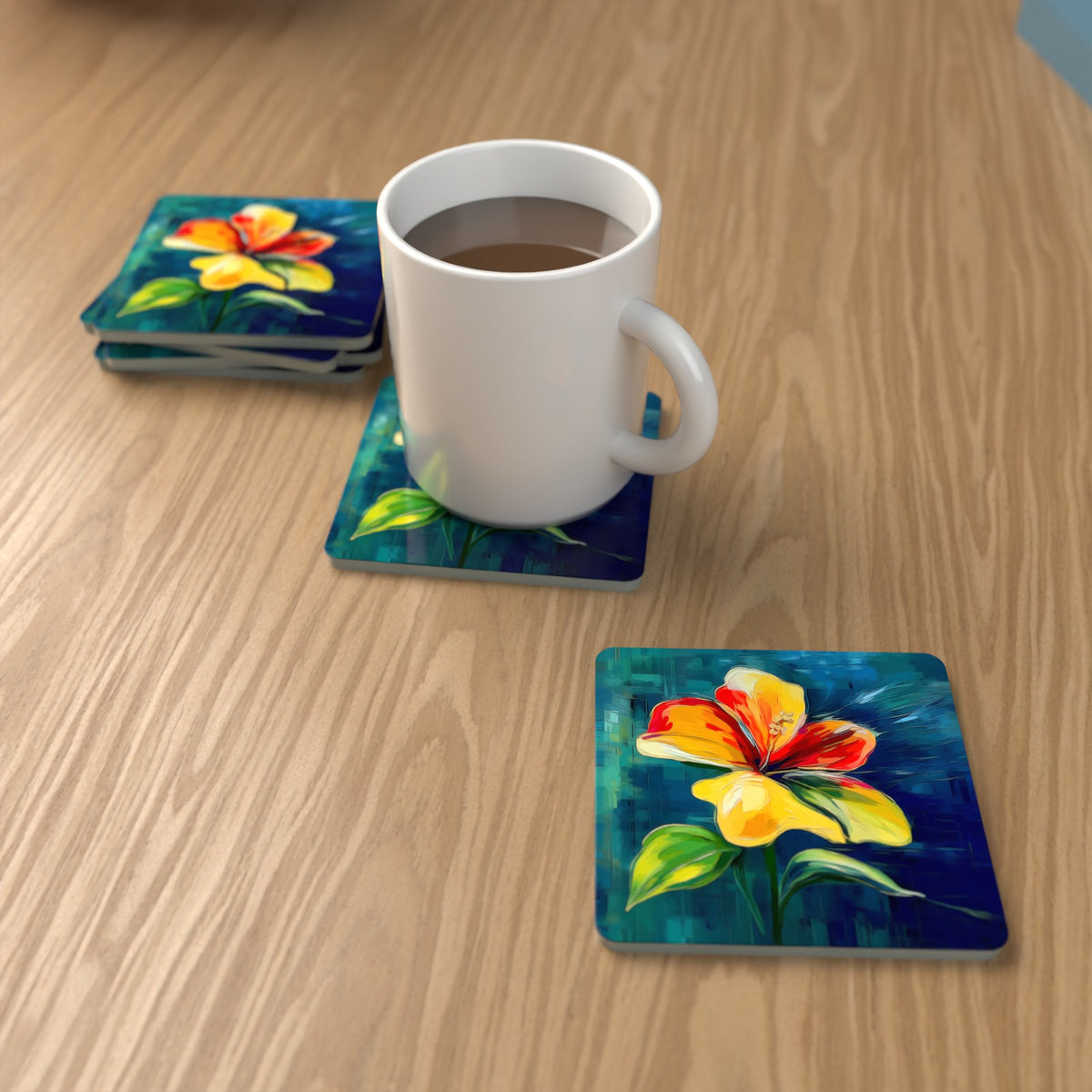 Painted Yellow & Red Flower Square Glass Coasters – Set of 6 – lifestyle mockup with a mug of coffee