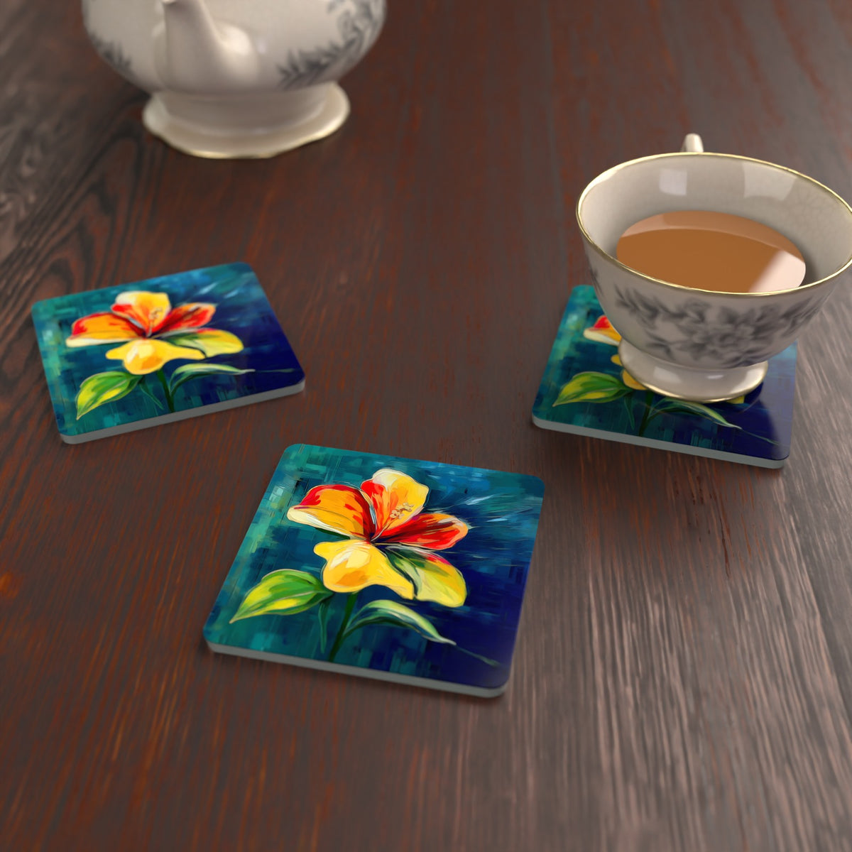 Painted Yellow & Red Flower Square Glass Coasters – Set of 6 – lifestyle mockup with a teacup
