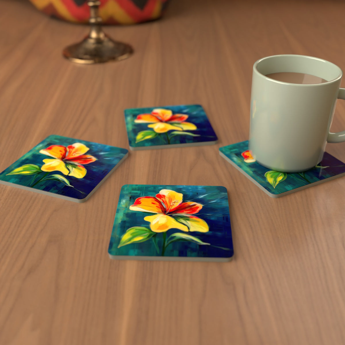 Painted Yellow & Red Flower Square Glass Coasters – Set of 6 – cosy lifestyle mockup