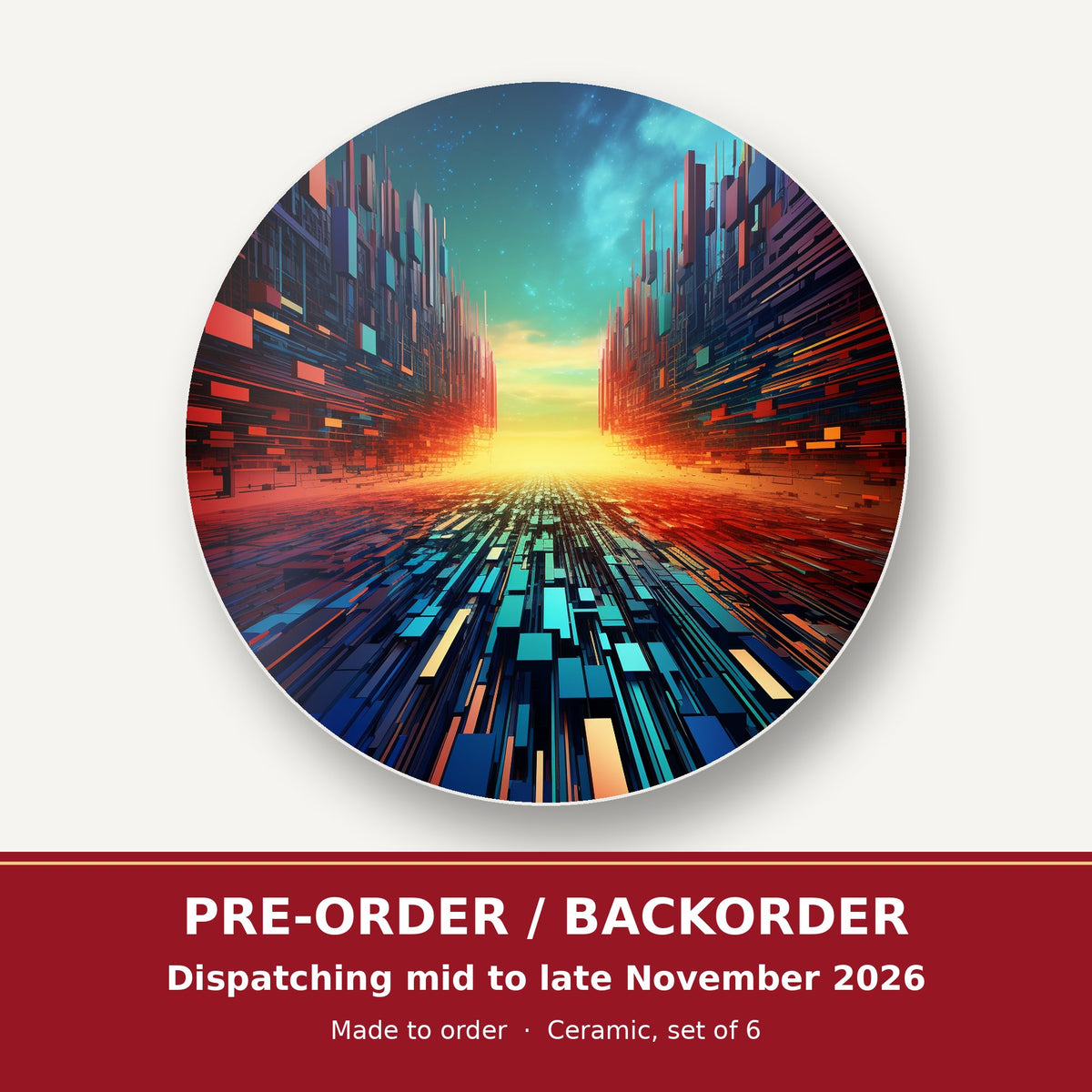 Digital Horizon Abstract round ceramic coaster set of 6 – pre-order / backorder, dispatching mid to late November 2026