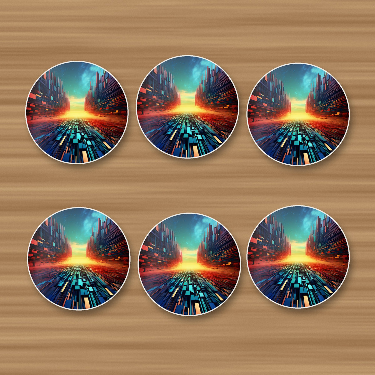 Digital Horizon Abstract round ceramic coasters, set of 6, on an oak coffee table