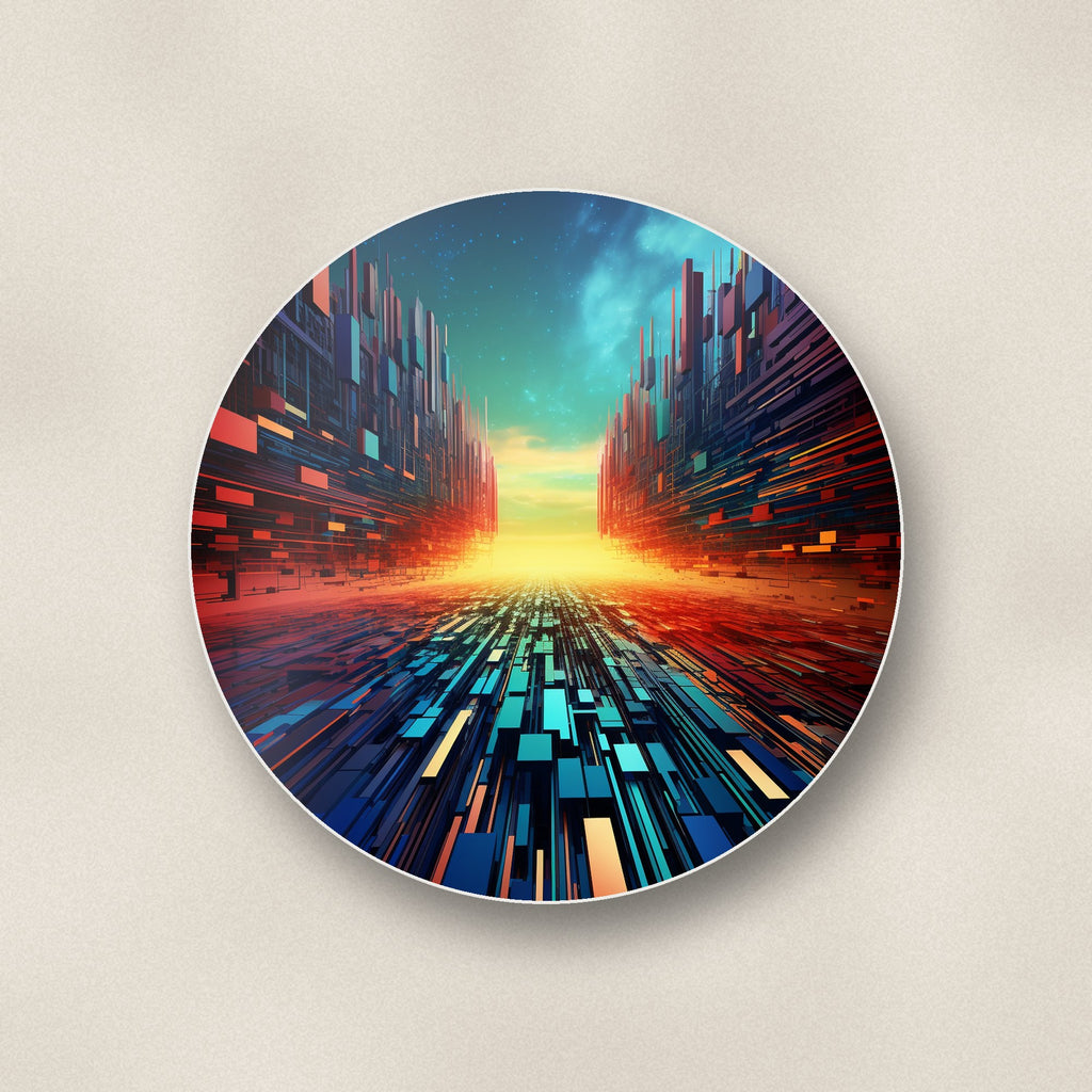 Close-up of one digital horizon abstract round ceramic coaster, flat UV print