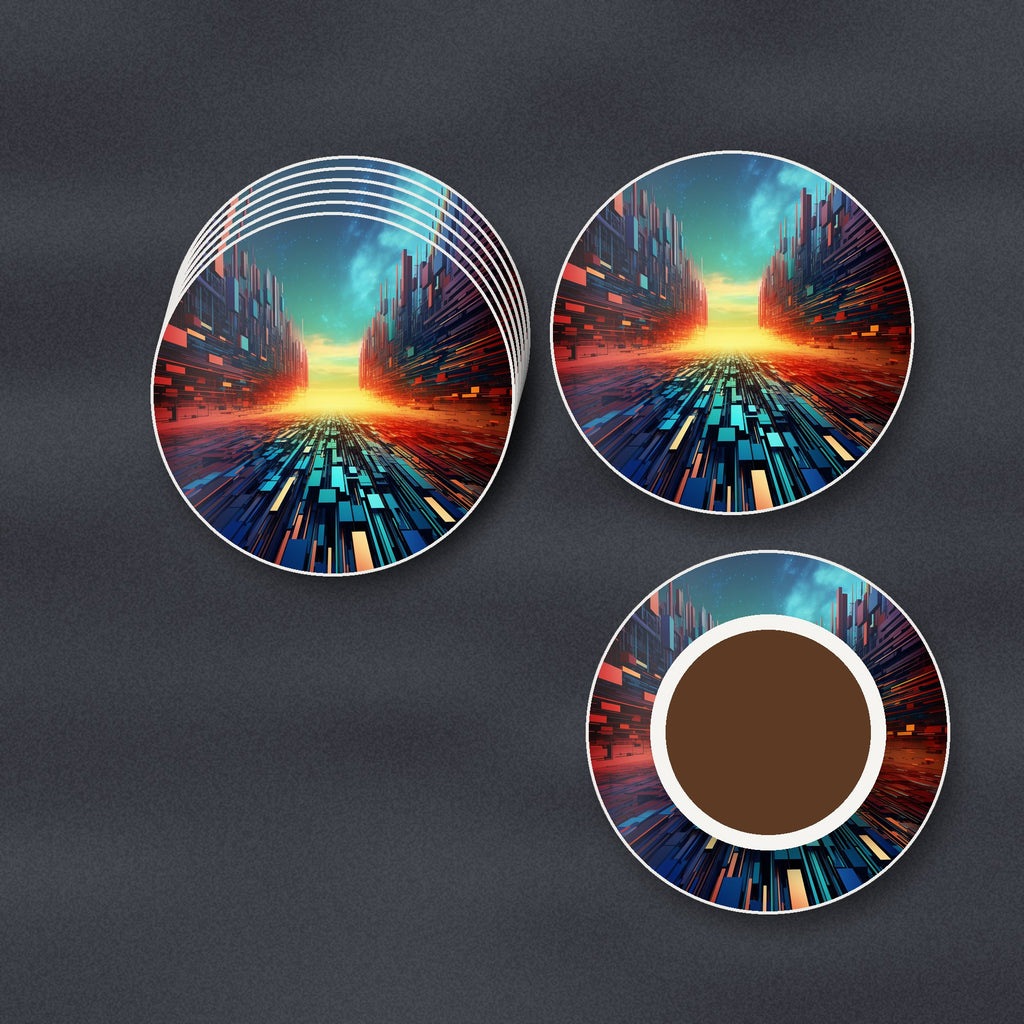 Digital Horizon Abstract round ceramic coasters stacked on a slate kitchen worktop