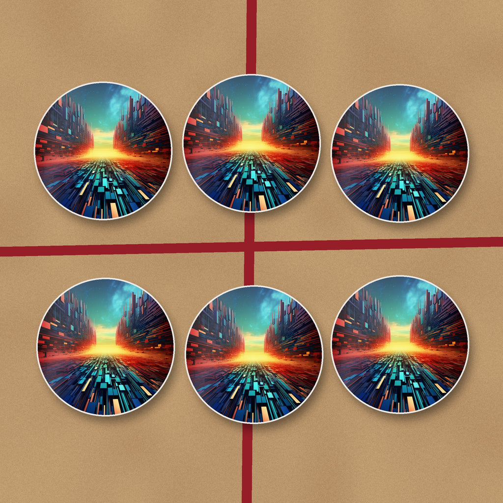 Digital Horizon Abstract round ceramic coasters on kraft gift wrap