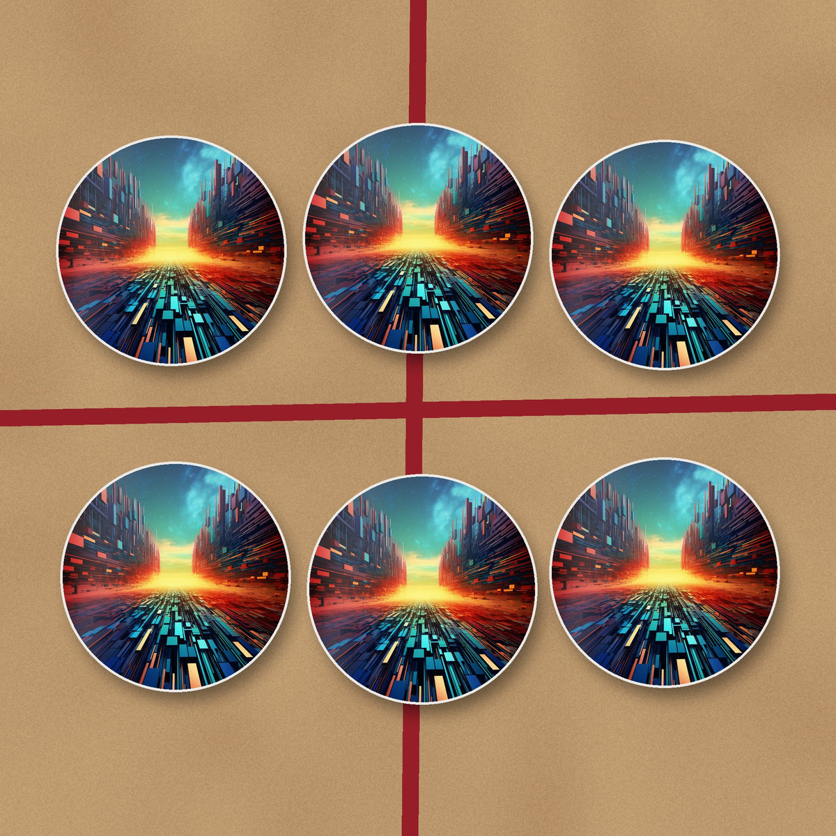 Digital Horizon Abstract round ceramic coasters on kraft gift wrap