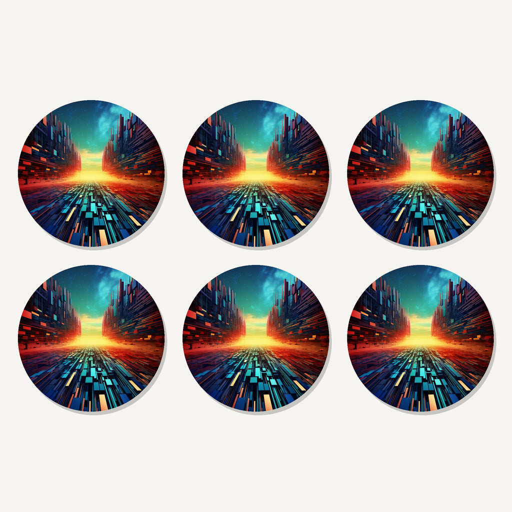 Flat lay of the digital horizon abstract artwork on six round coasters