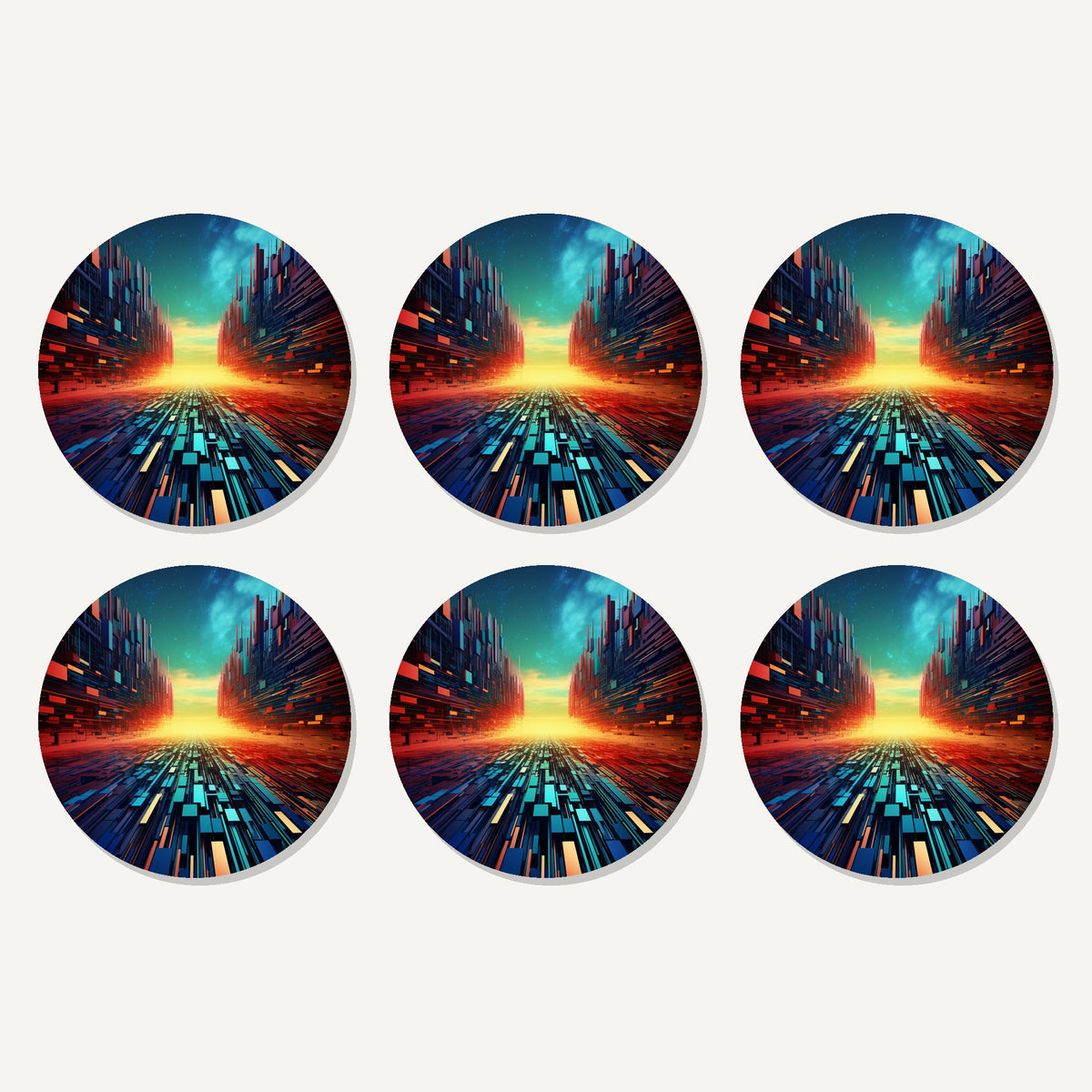 Flat lay of the digital horizon abstract artwork on six round coasters