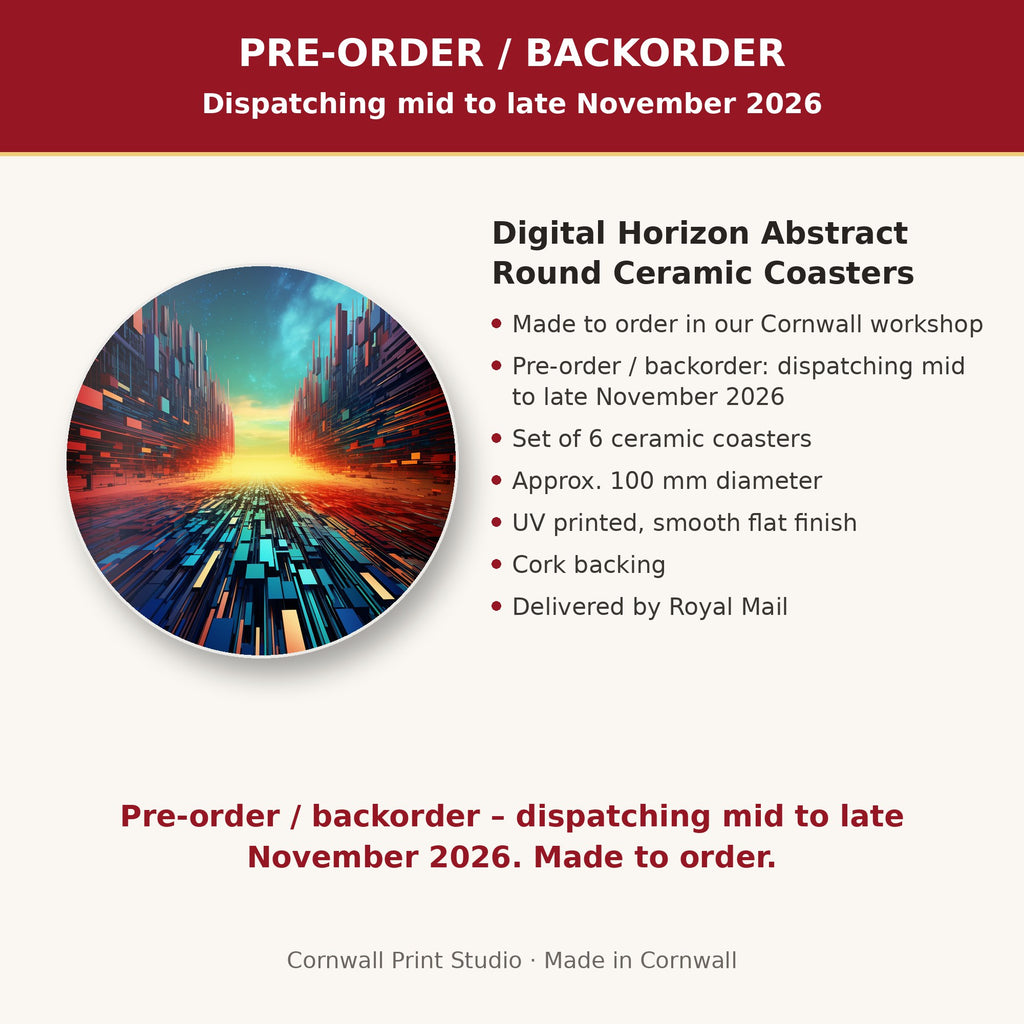 Info card: Digital Horizon Abstract Round Ceramic Coasters – Set of 6, made to order, dispatching mid to late November 2026, delivered by Royal Mail