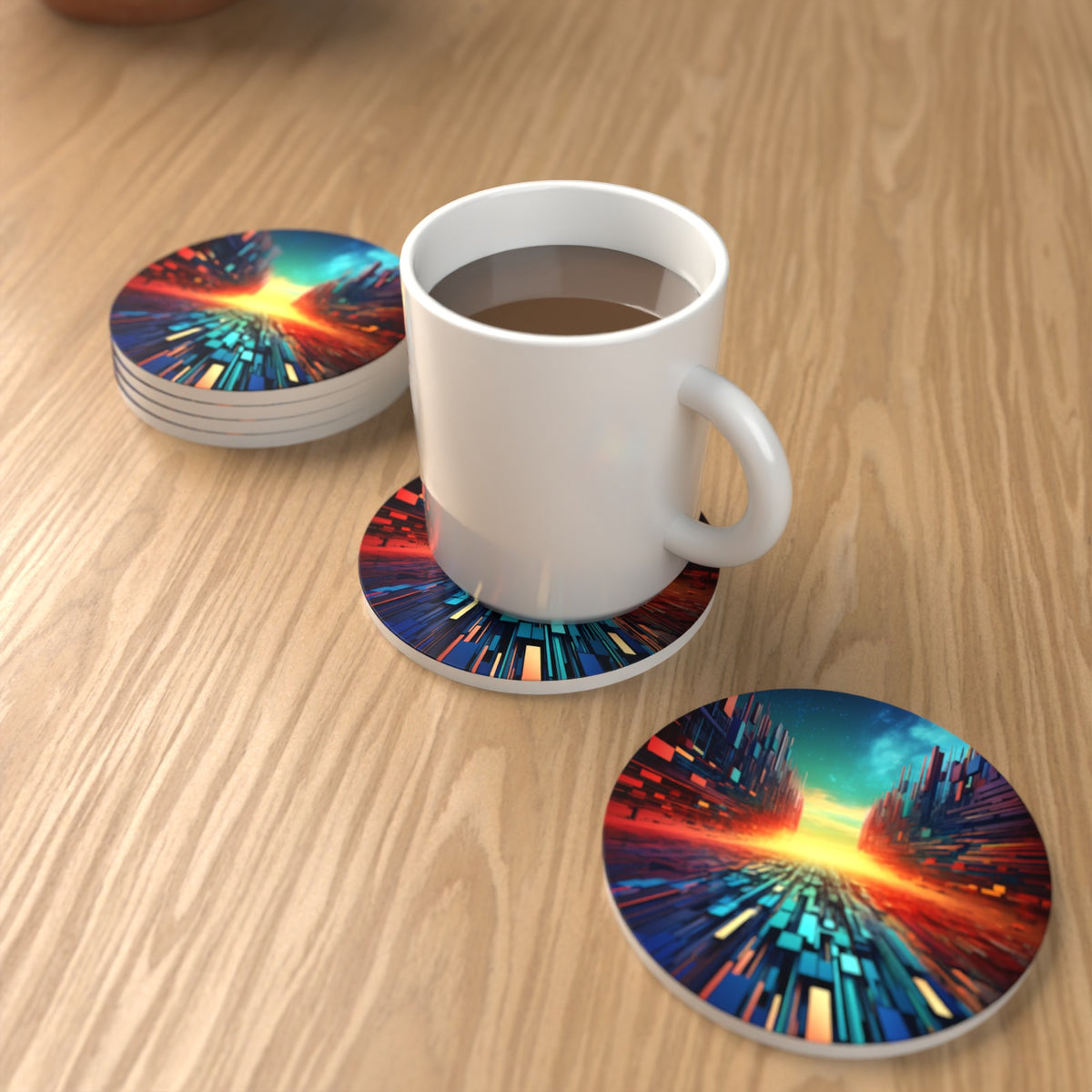 Digital Horizon Abstract Round Ceramic Coasters – Set of 6 – lifestyle mockup with a mug of coffee