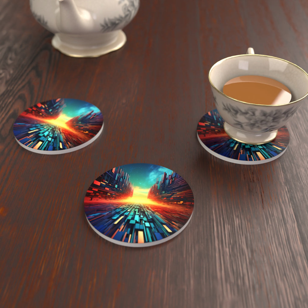 Digital Horizon Abstract Round Ceramic Coasters – Set of 6 – lifestyle mockup with a teacup