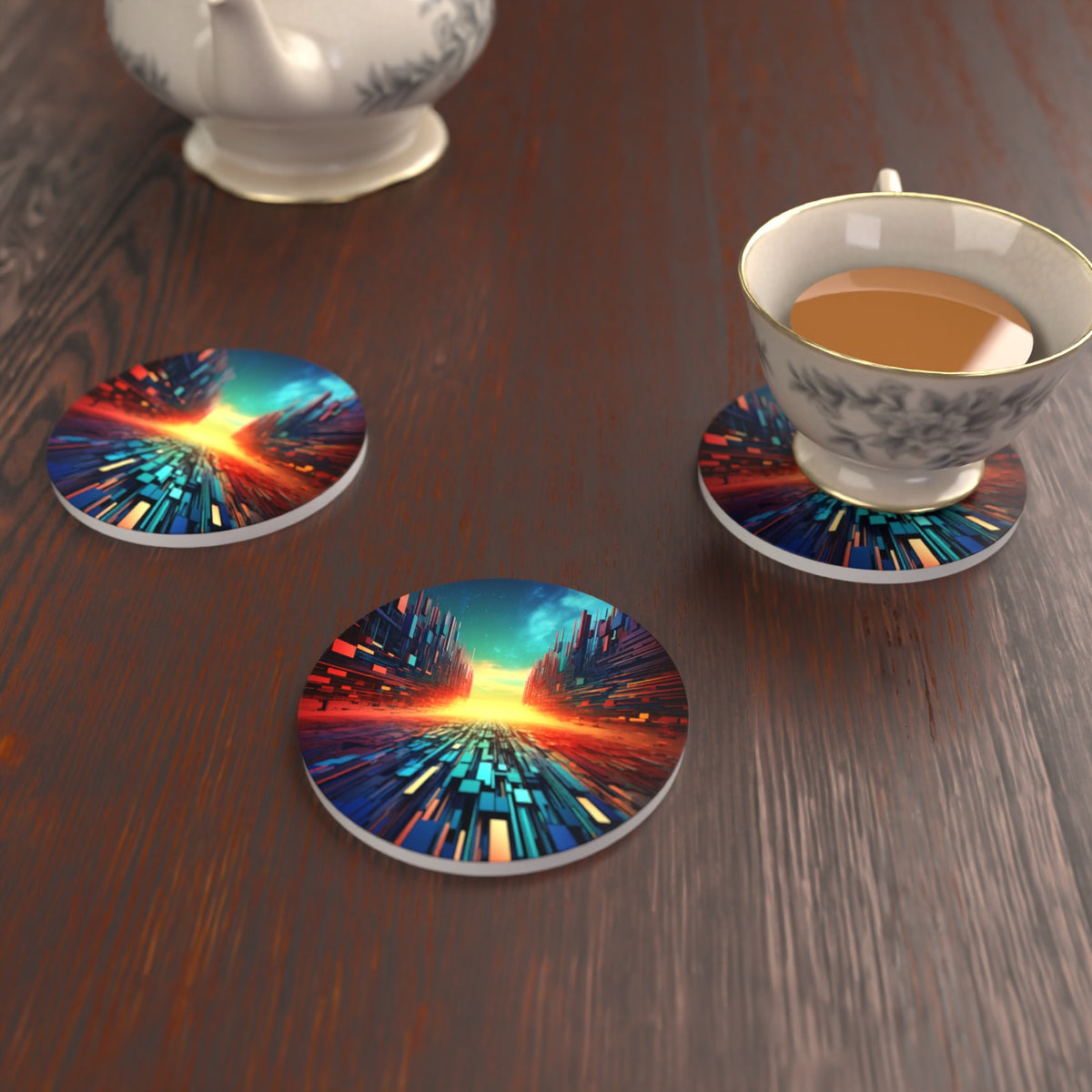 Digital Horizon Abstract Round Ceramic Coasters – Set of 6 – lifestyle mockup with a teacup