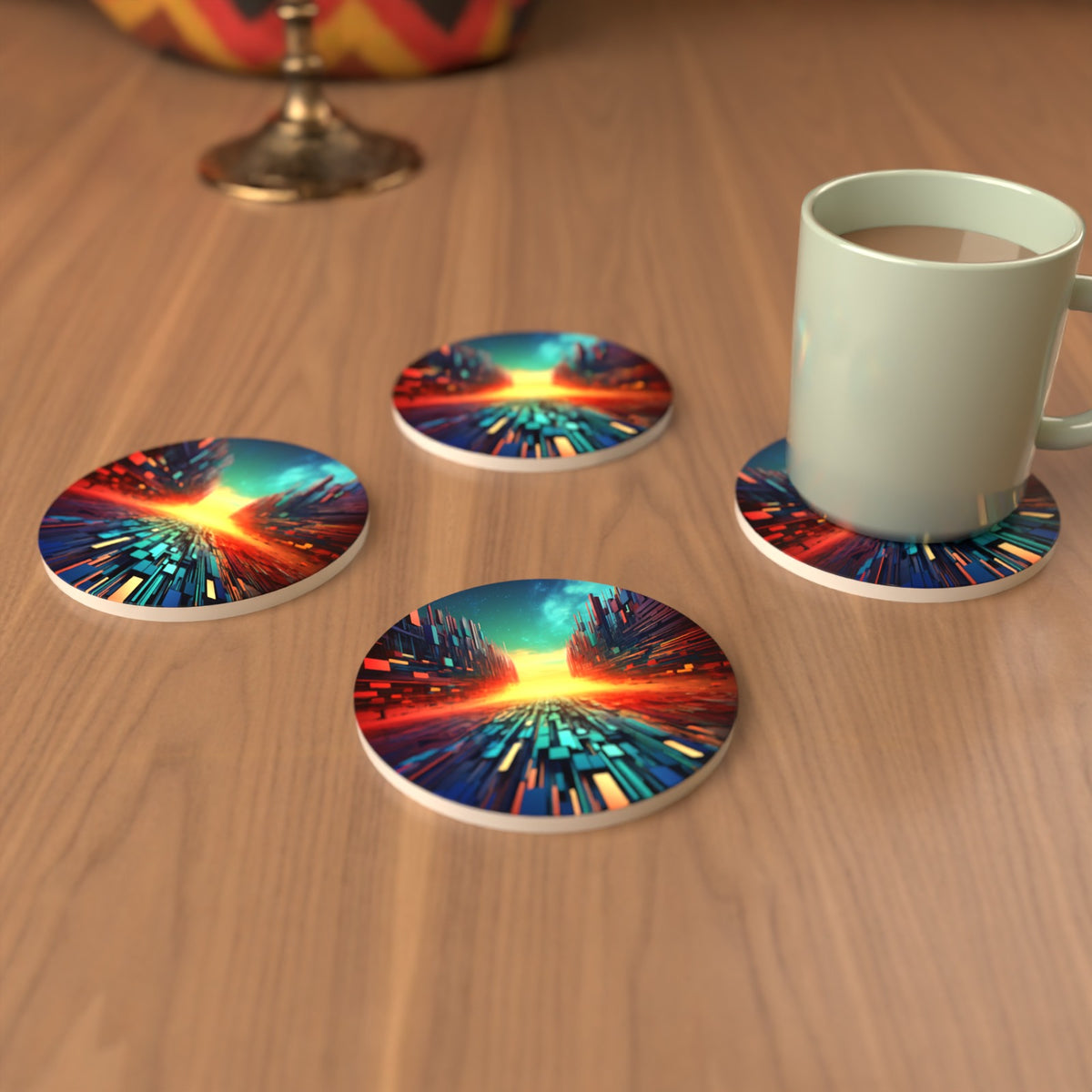Digital Horizon Abstract Round Ceramic Coasters – Set of 6 – cosy lifestyle mockup