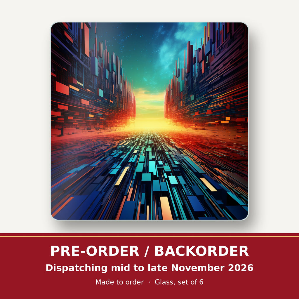 Digital Horizon Abstract square glass coaster set of 6 – pre-order / backorder, dispatching mid to late November 2026