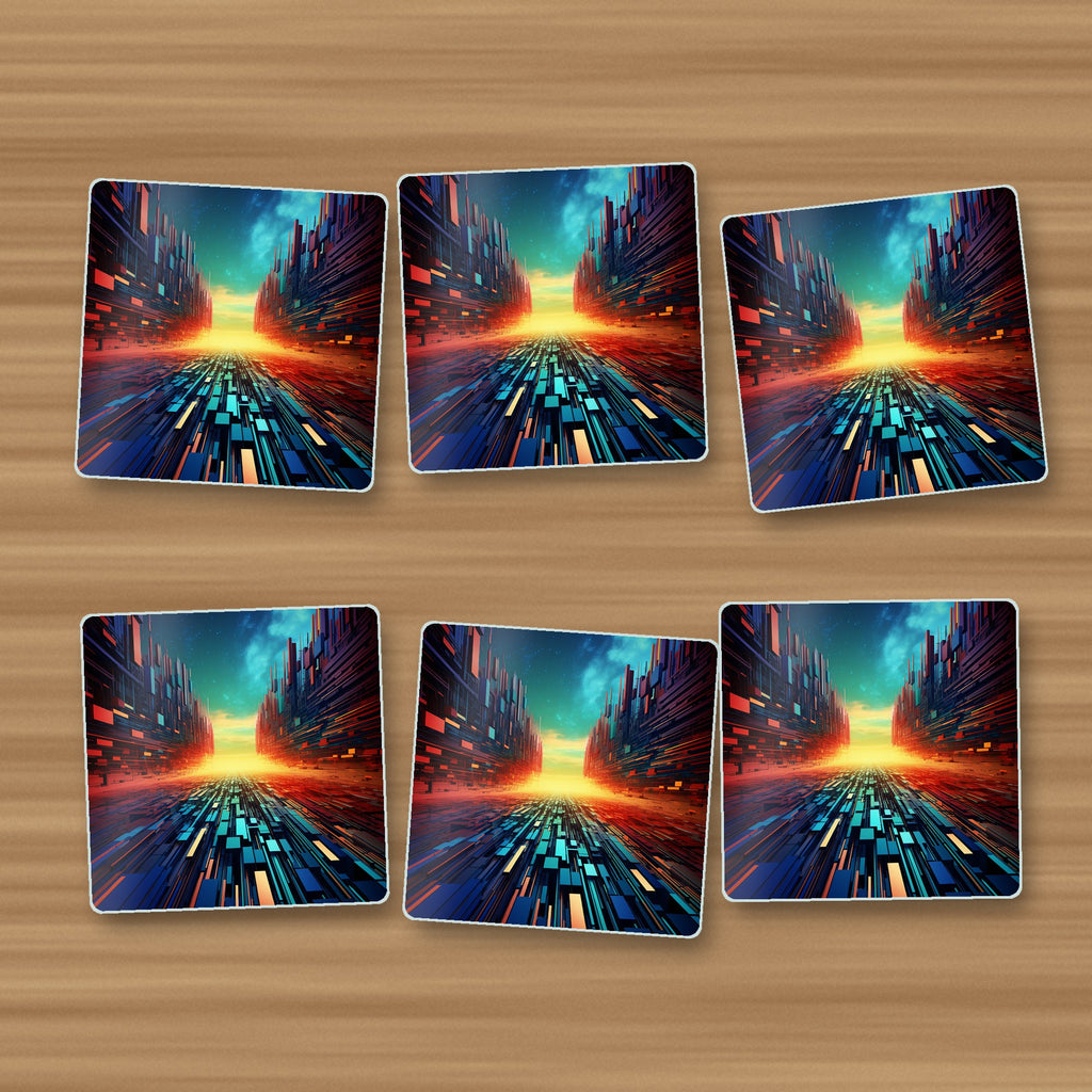 Digital Horizon Abstract square glass coasters, set of 6, on an oak coffee table