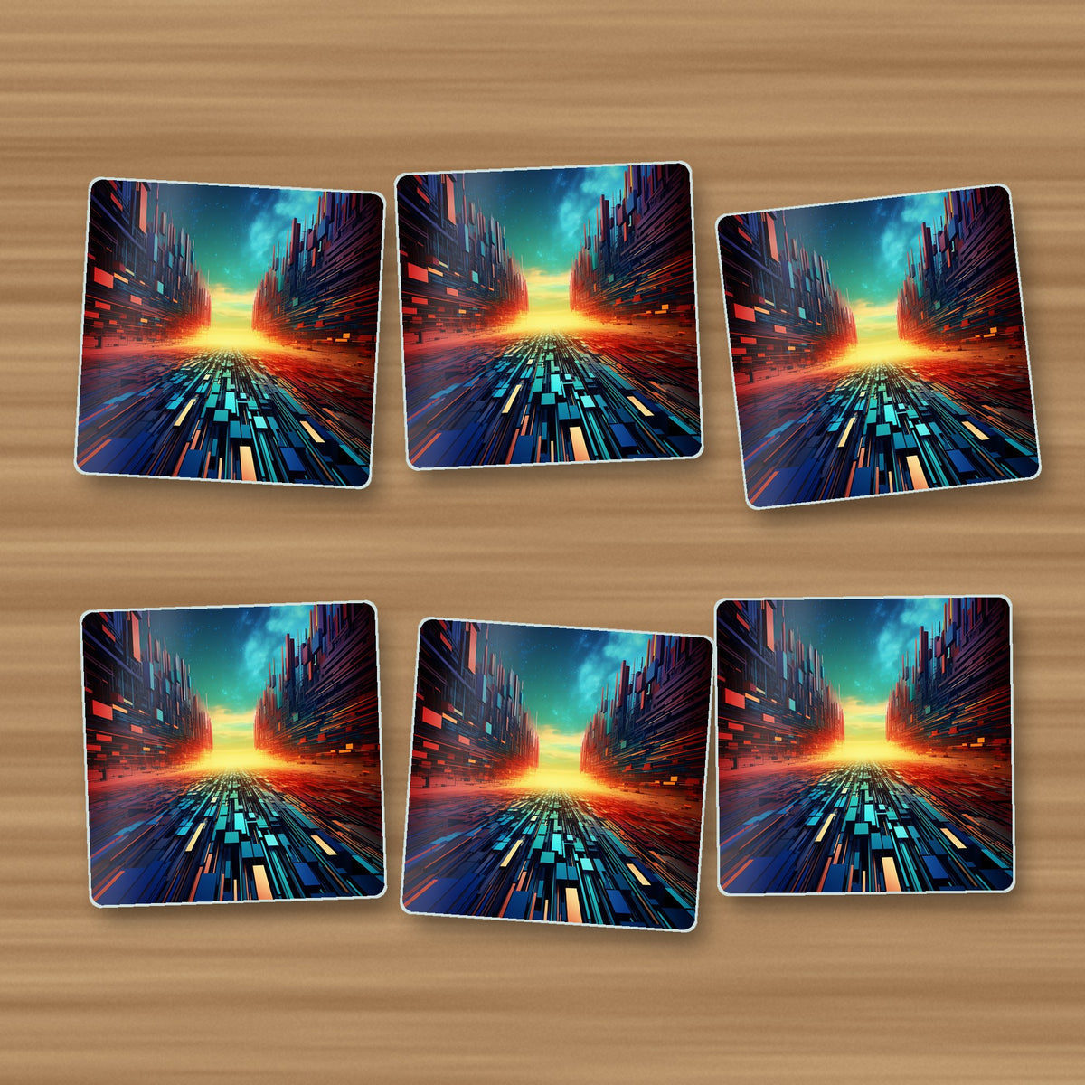 Digital Horizon Abstract square glass coasters, set of 6, on an oak coffee table