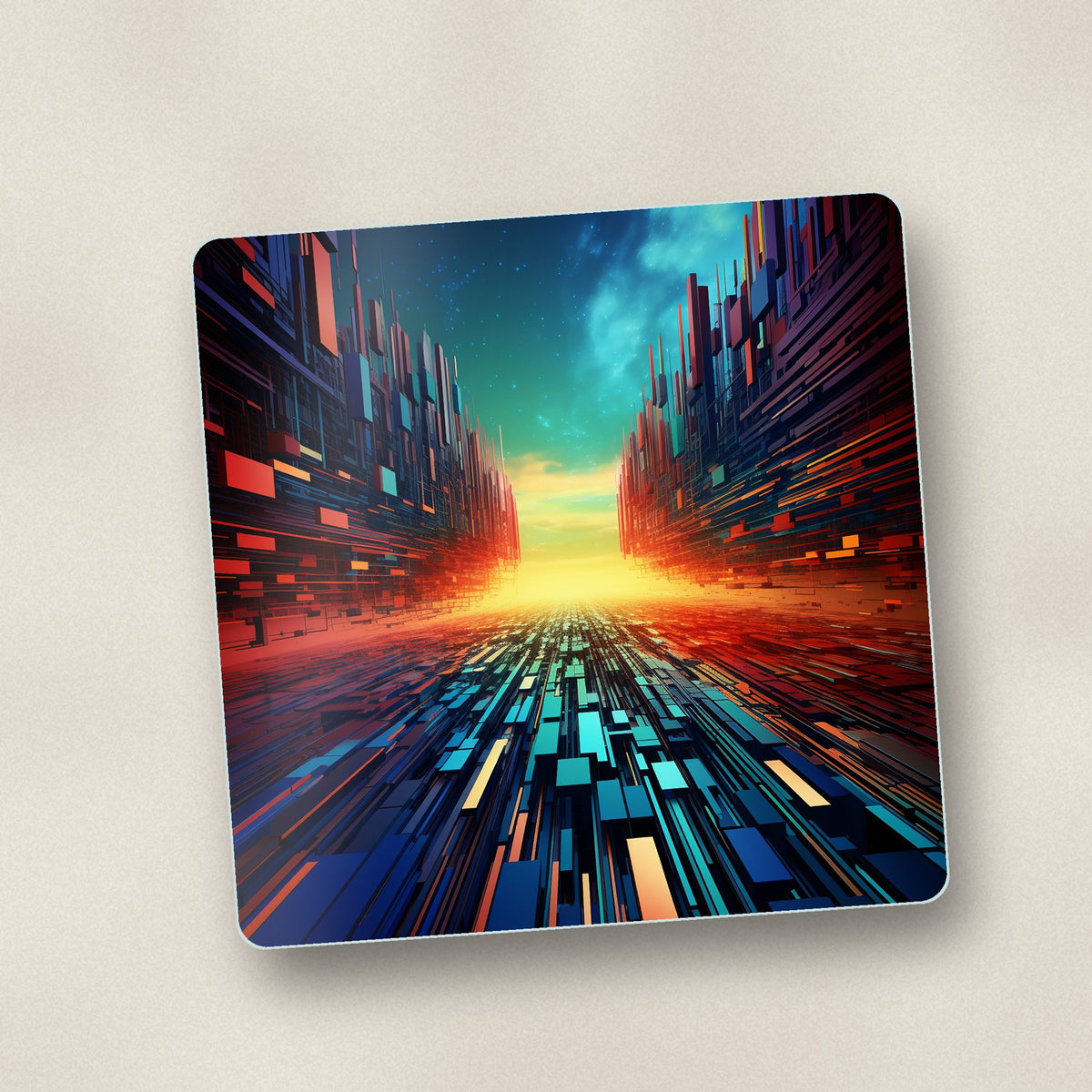 Close-up of one digital horizon abstract square glass coaster, flat UV print