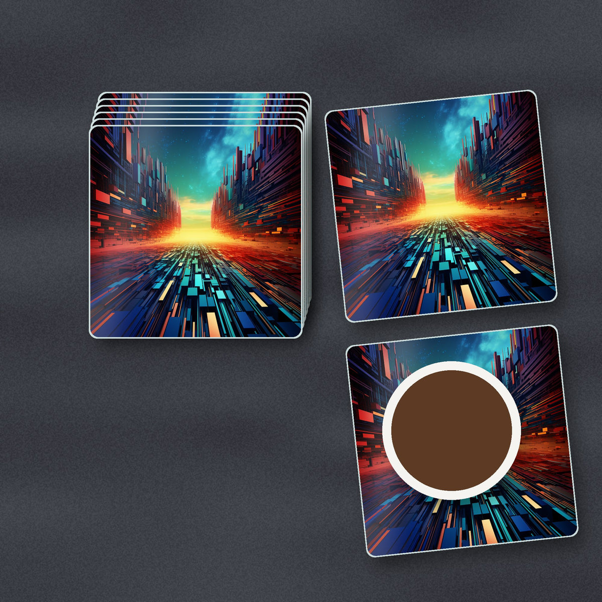 Digital Horizon Abstract square glass coasters stacked on a slate kitchen worktop