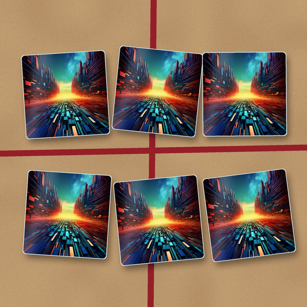 Digital Horizon Abstract square glass coasters on kraft gift wrap