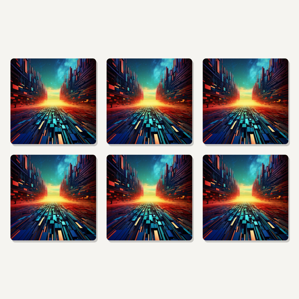 Flat lay of the digital horizon abstract artwork on six square coasters