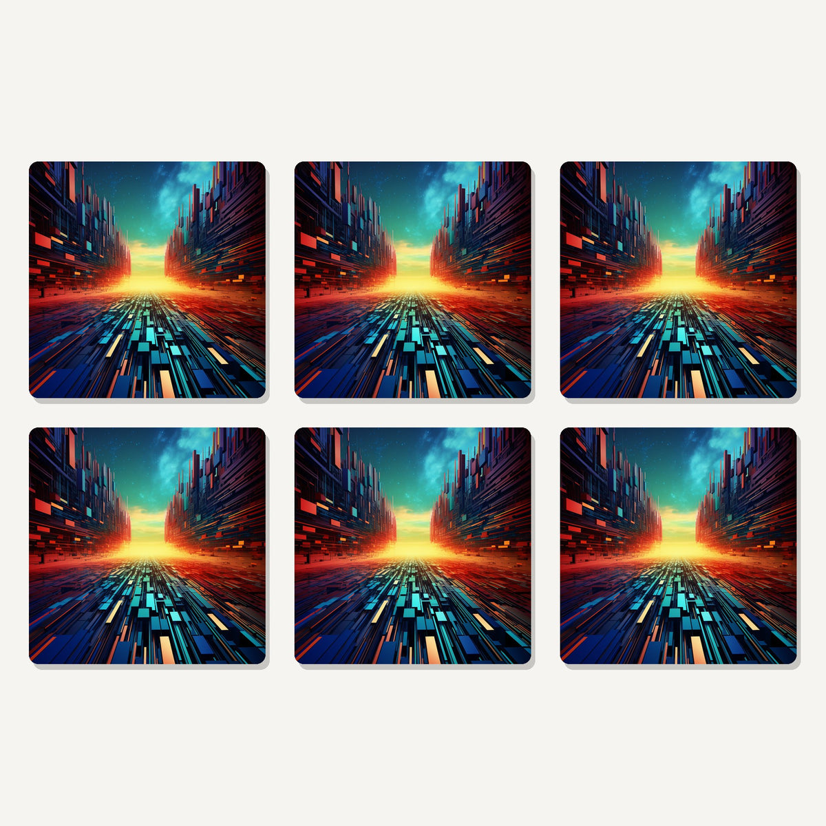 Flat lay of the digital horizon abstract artwork on six square coasters