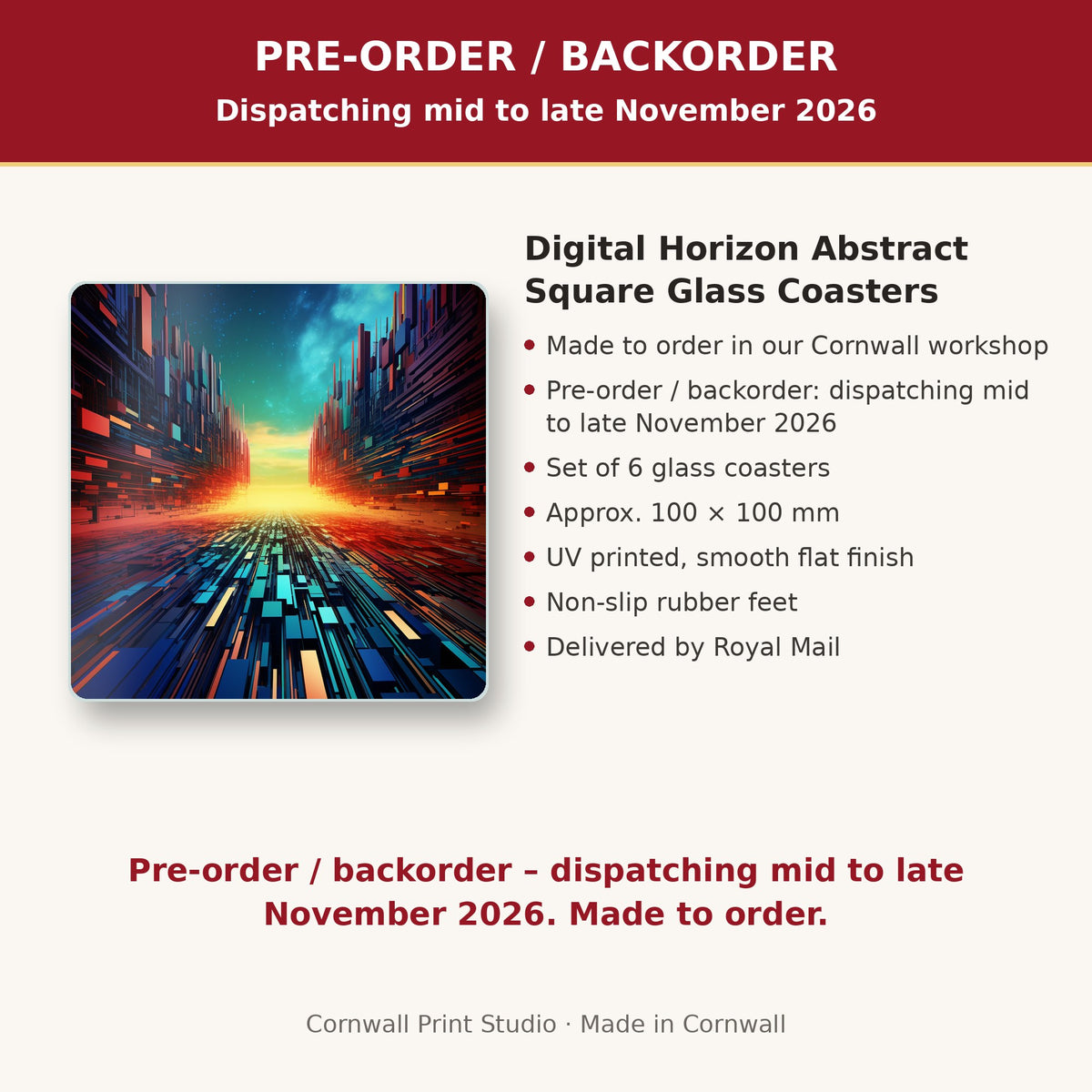 Info card: Digital Horizon Abstract Square Glass Coasters – Set of 6, made to order, dispatching mid to late November 2026, delivered by Royal Mail