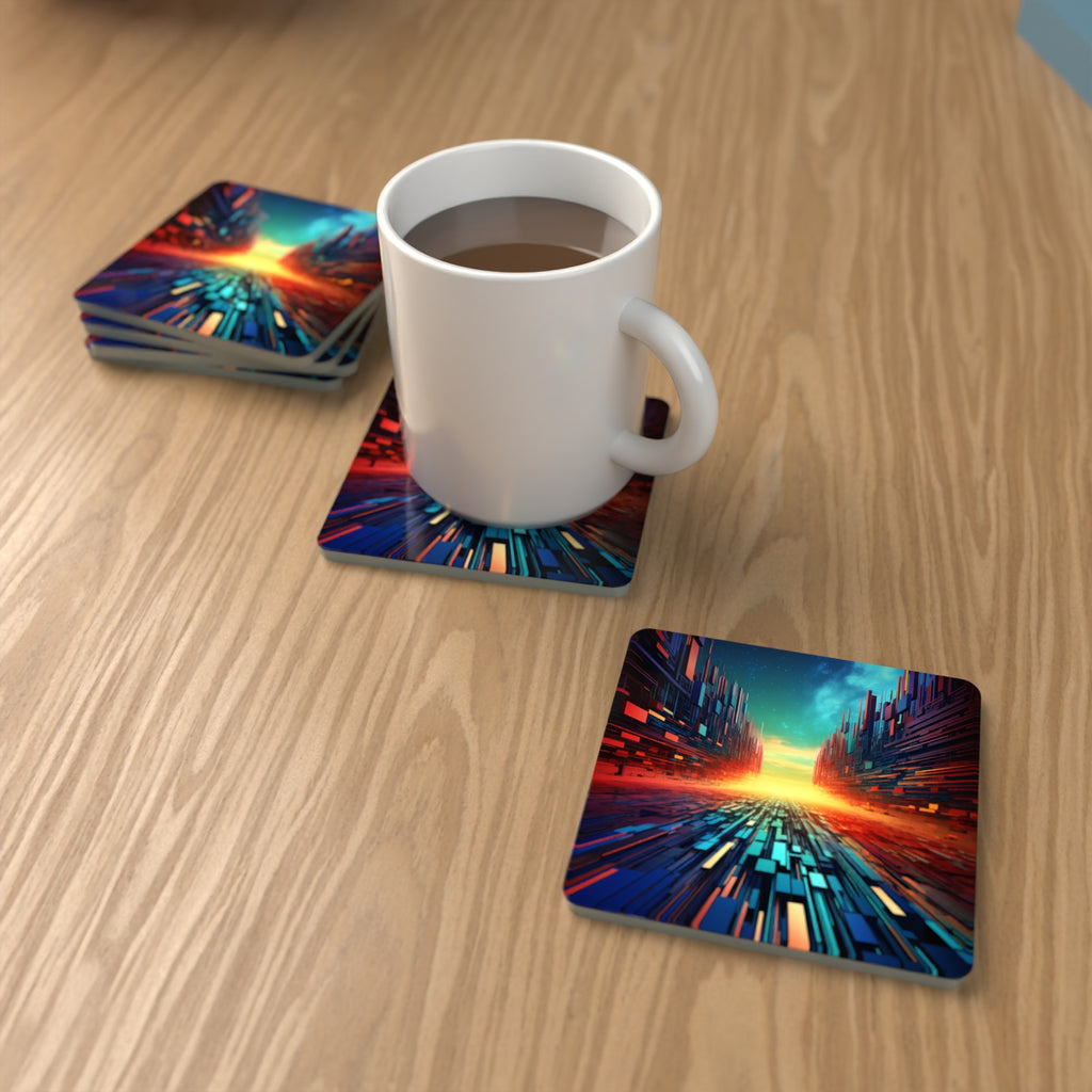 Digital Horizon Abstract Square Glass Coasters – Set of 6 – lifestyle mockup with a mug of coffee