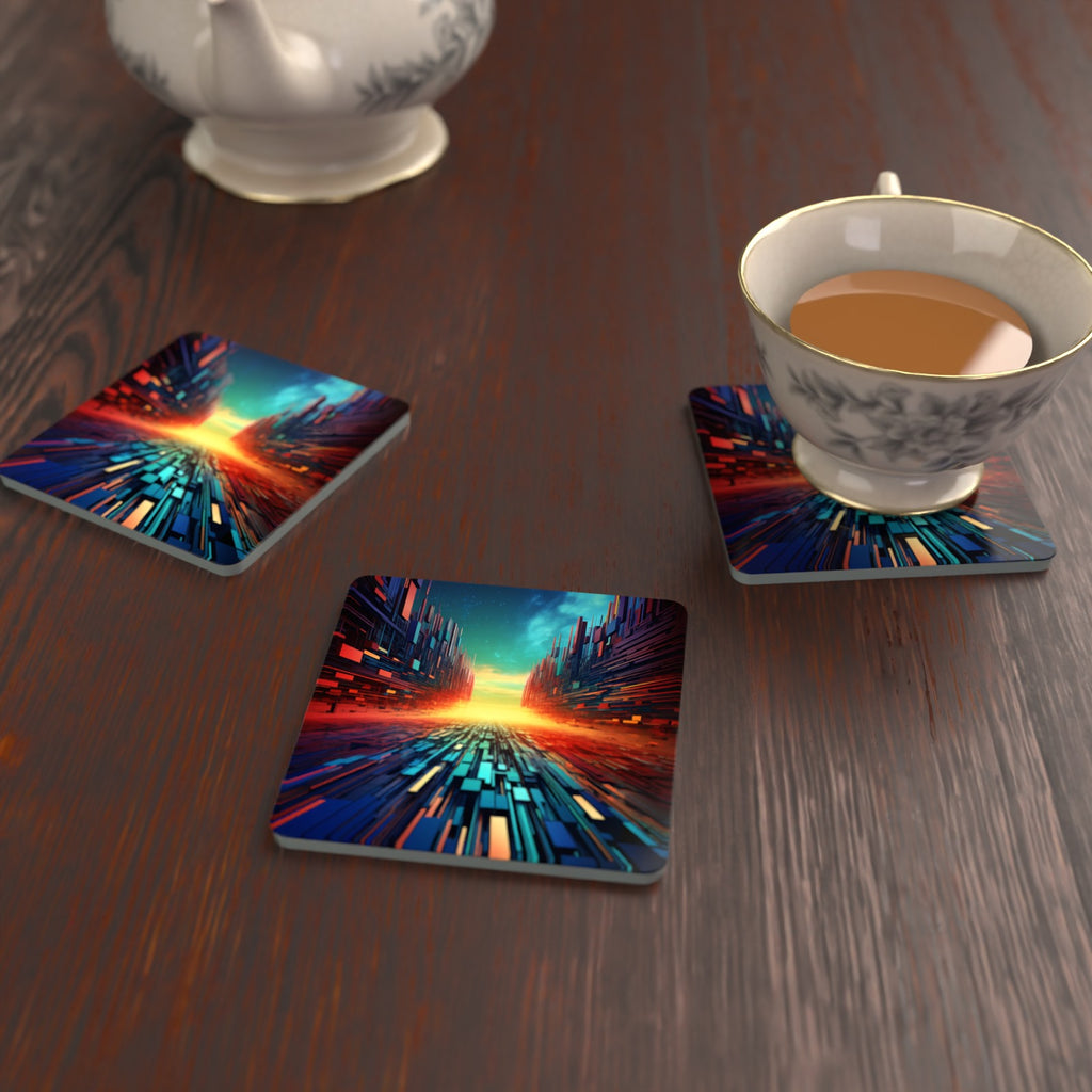 Digital Horizon Abstract Square Glass Coasters – Set of 6 – lifestyle mockup with a teacup