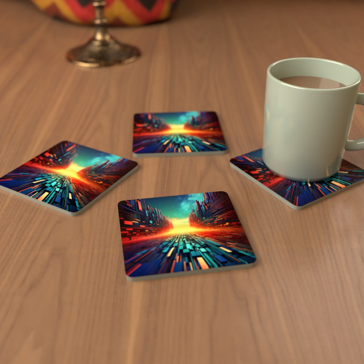 Digital Horizon Abstract Square Glass Coasters – Set of 6 – cosy lifestyle mockup