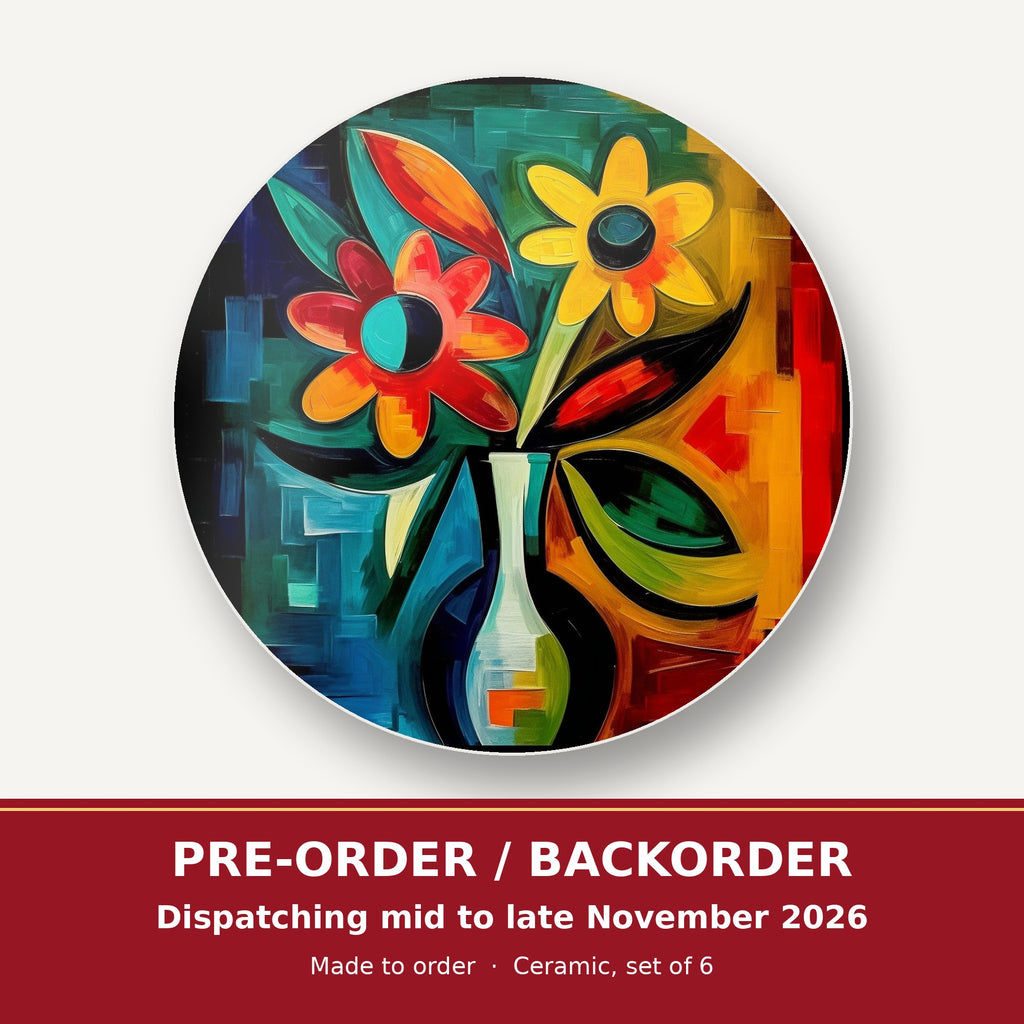 Cubist-Style Flowers in a Vase round ceramic coaster set of 6 – pre-order / backorder, dispatching mid to late November 2026