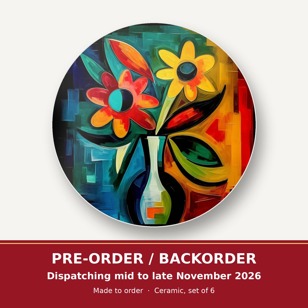 Cubist-Style Flowers in a Vase round ceramic coaster set of 6 – pre-order / backorder, dispatching mid to late November 2026