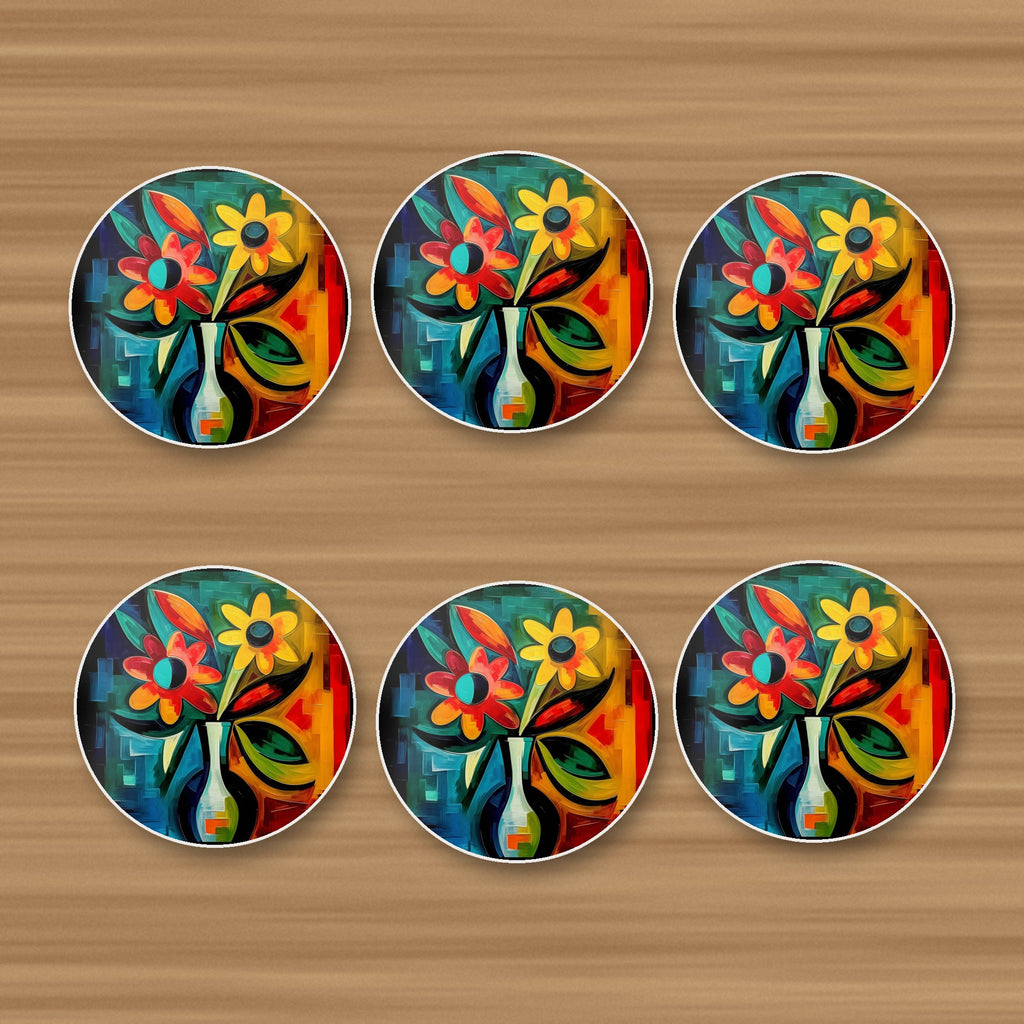 Cubist-Style Flowers in a Vase round ceramic coasters, set of 6, on an oak coffee table