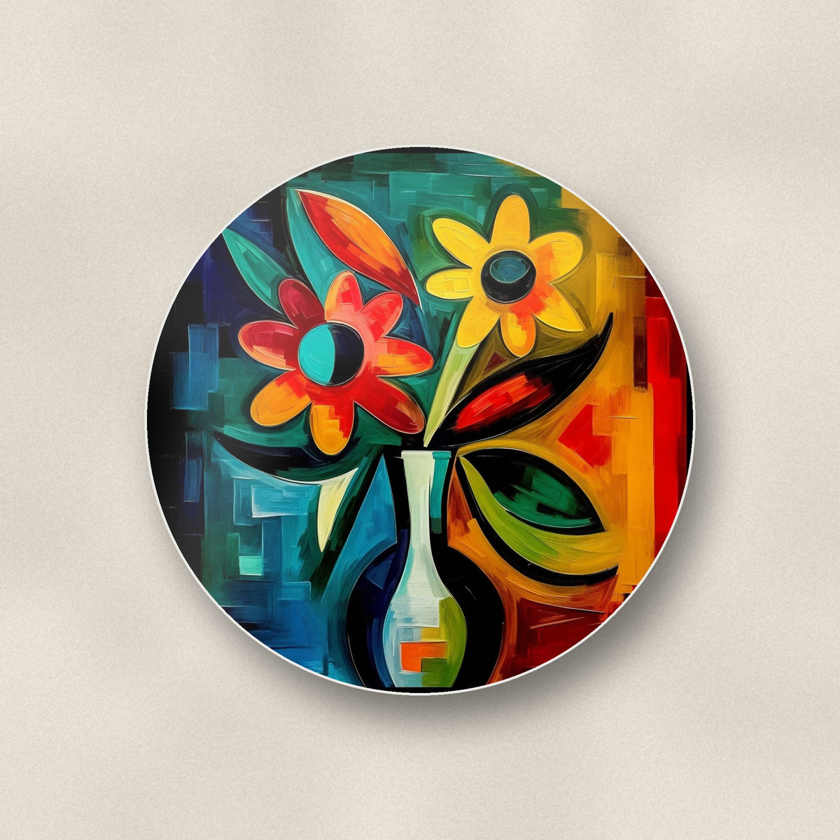 Close-up of one cubist-style flowers in a vase round ceramic coaster, flat UV print