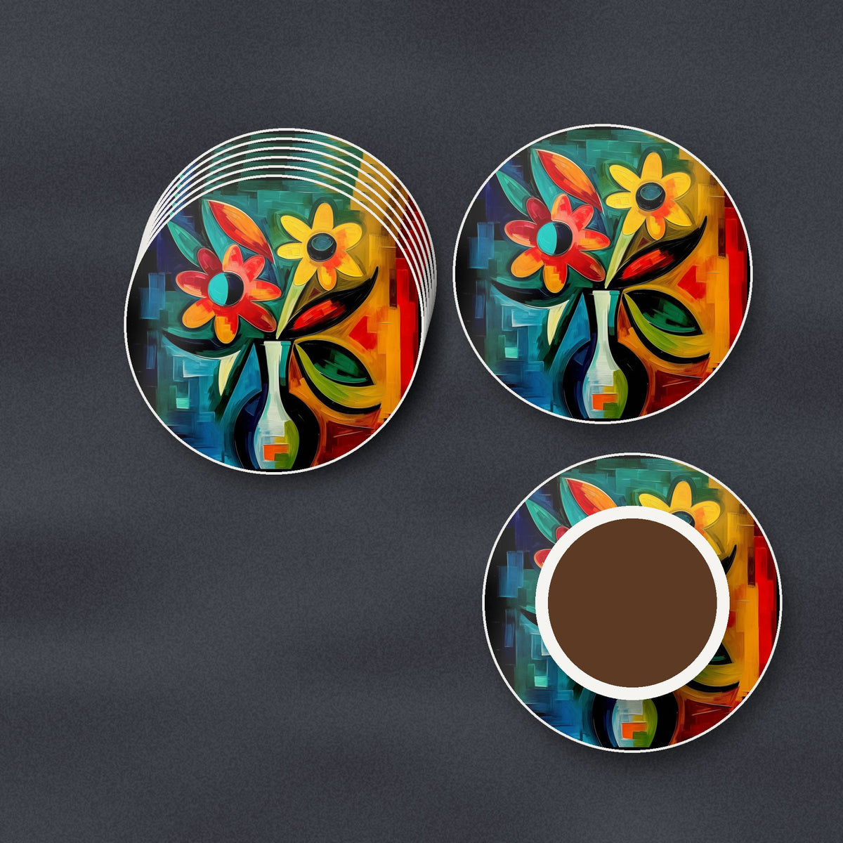 Cubist-Style Flowers in a Vase round ceramic coasters stacked on a slate kitchen worktop