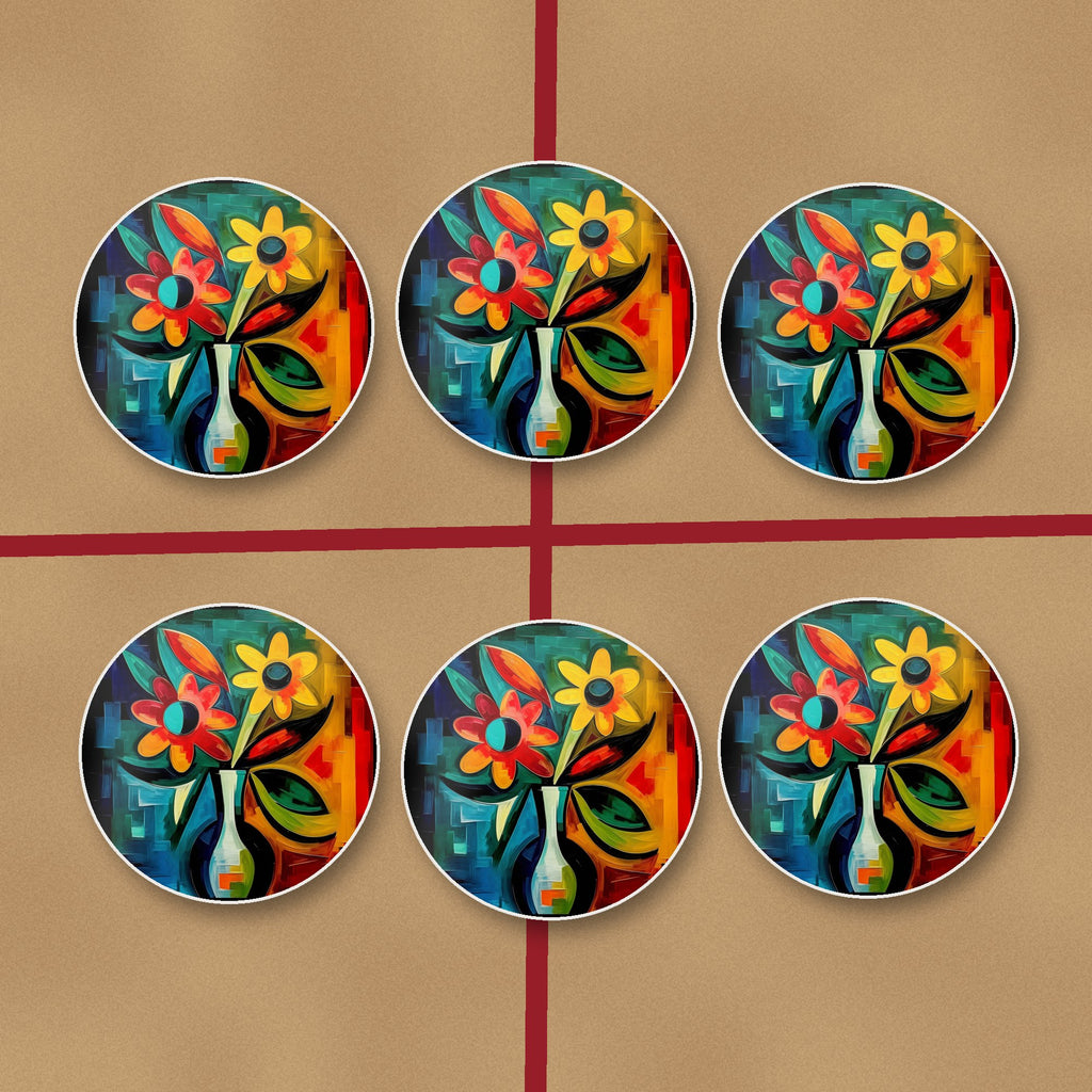 Cubist-Style Flowers in a Vase round ceramic coasters on kraft gift wrap