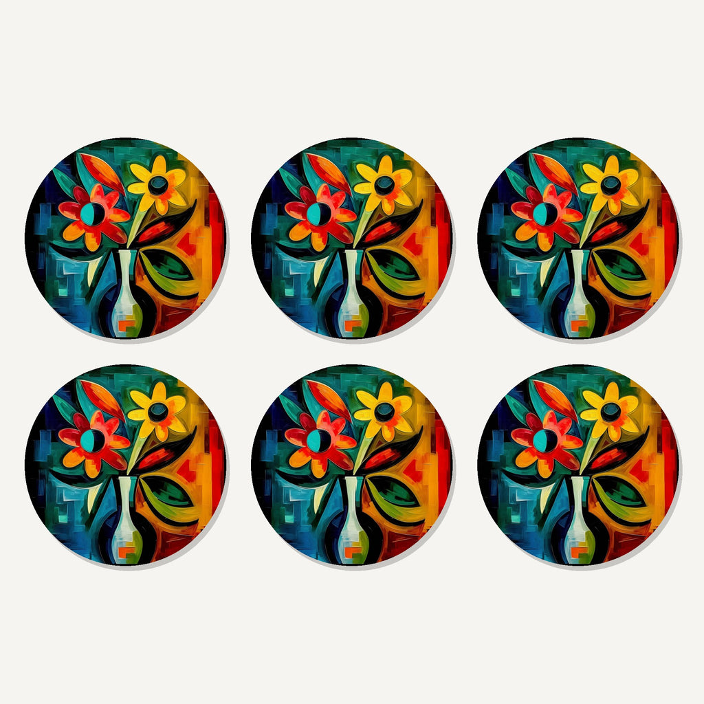 Flat lay of the cubist-style flowers in a vase artwork on six round coasters