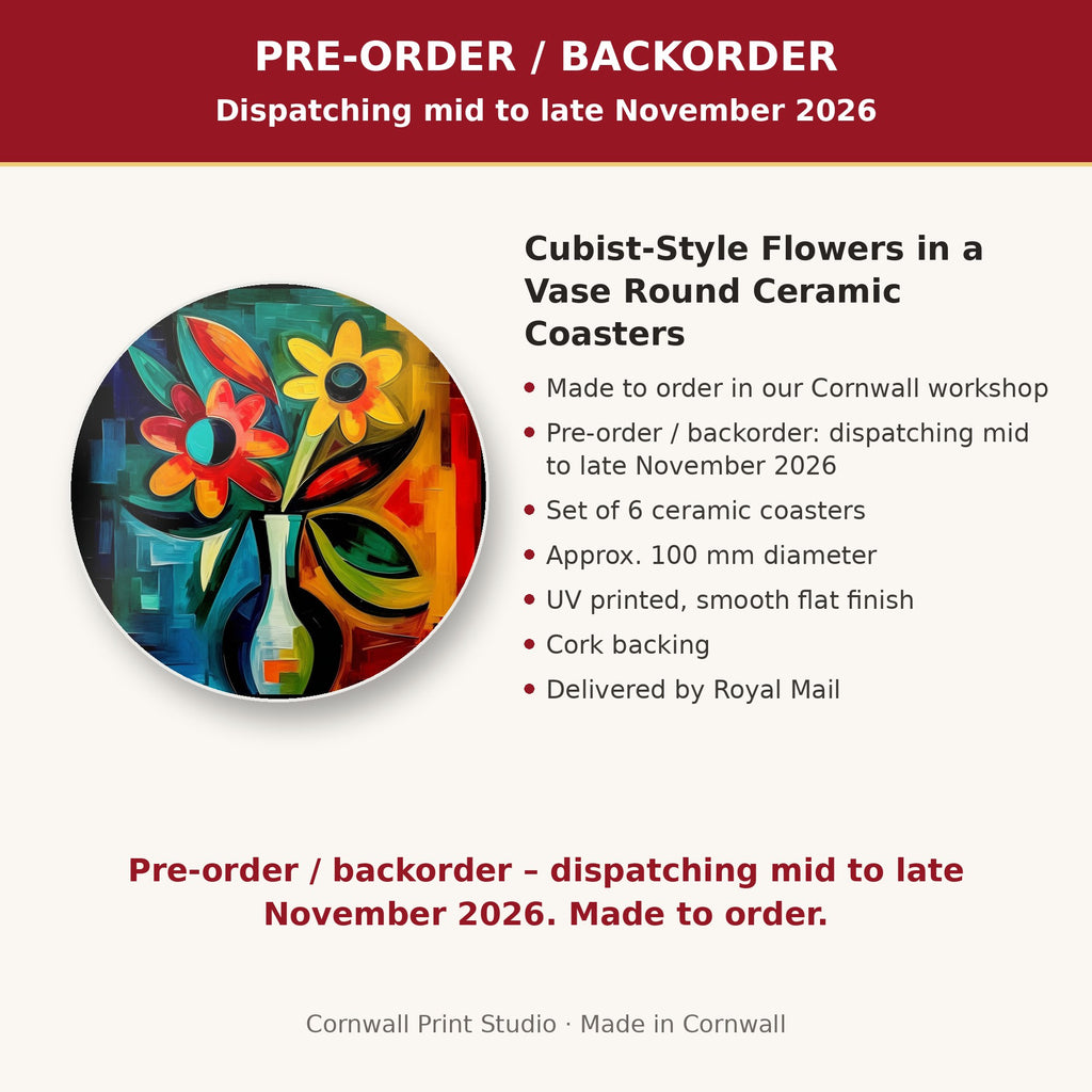 Info card: Cubist-Style Flowers in a Vase Round Ceramic Coasters – Set of 6, made to order, dispatching mid to late November 2026, delivered by Royal Mail