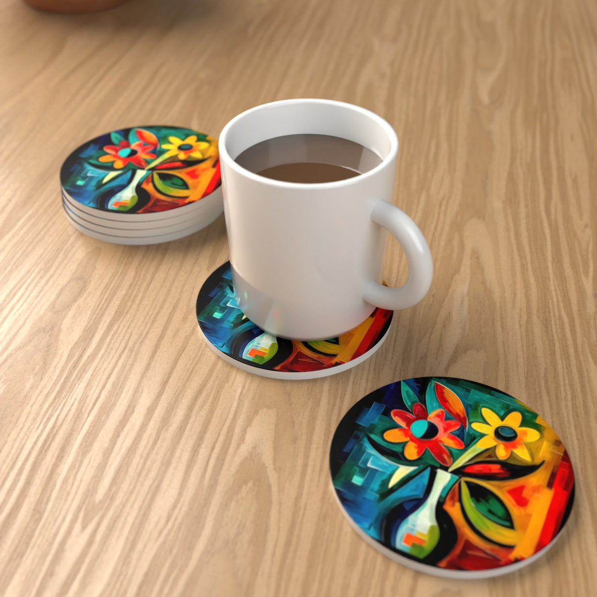 Cubist-Style Flowers in a Vase Round Ceramic Coasters – Set of 6 – lifestyle mockup with a mug of coffee