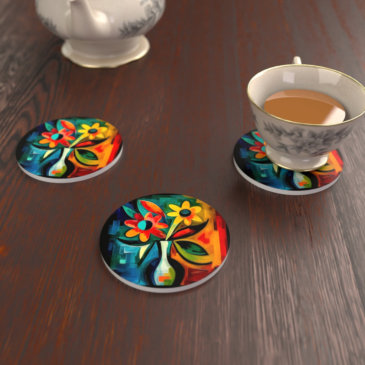 Cubist-Style Flowers in a Vase Round Ceramic Coasters – Set of 6 – lifestyle mockup with a teacup
