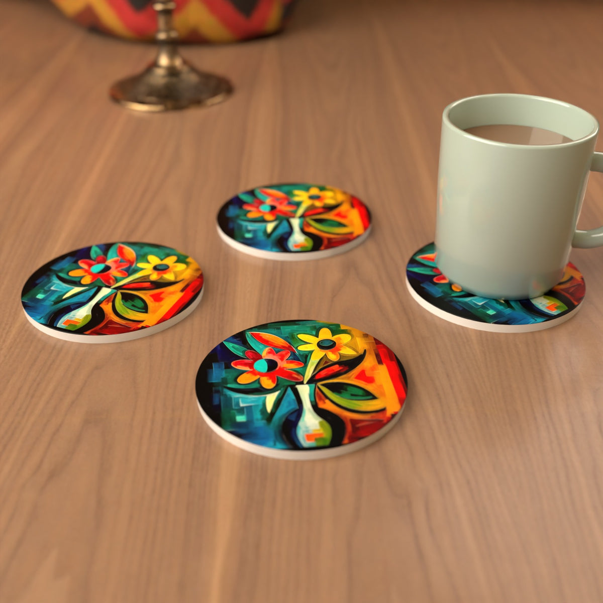 Cubist-Style Flowers in a Vase Round Ceramic Coasters – Set of 6 – cosy lifestyle mockup
