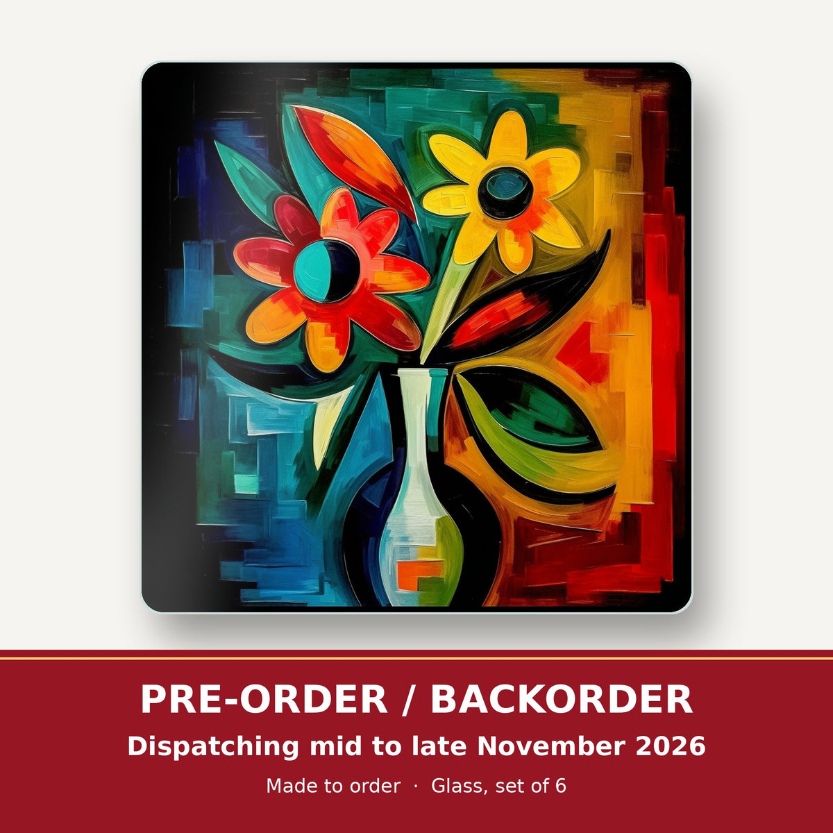 Cubist-Style Flowers in a Vase square glass coaster set of 6 – pre-order / backorder, dispatching mid to late November 2026