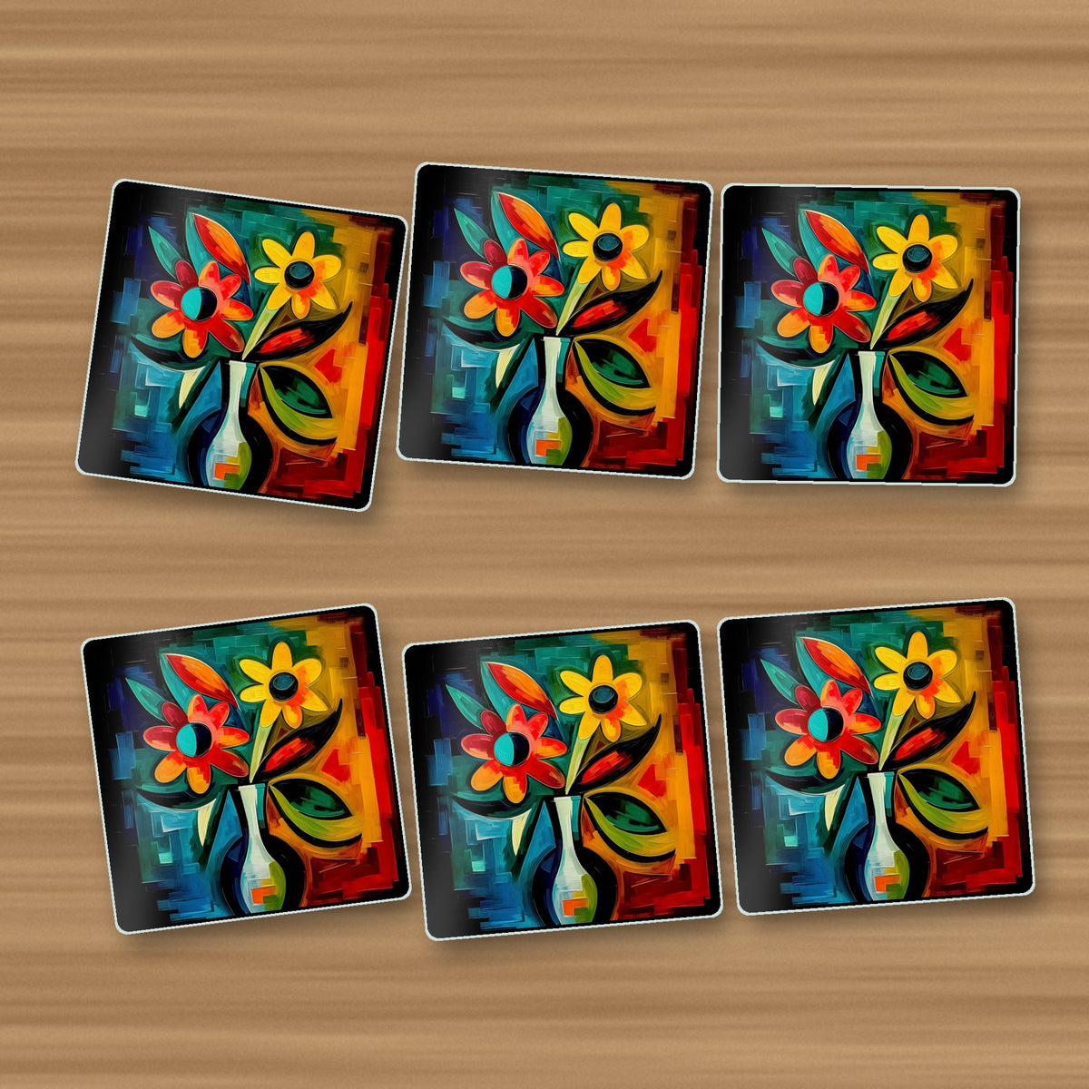 Cubist-Style Flowers in a Vase square glass coasters, set of 6, on an oak coffee table